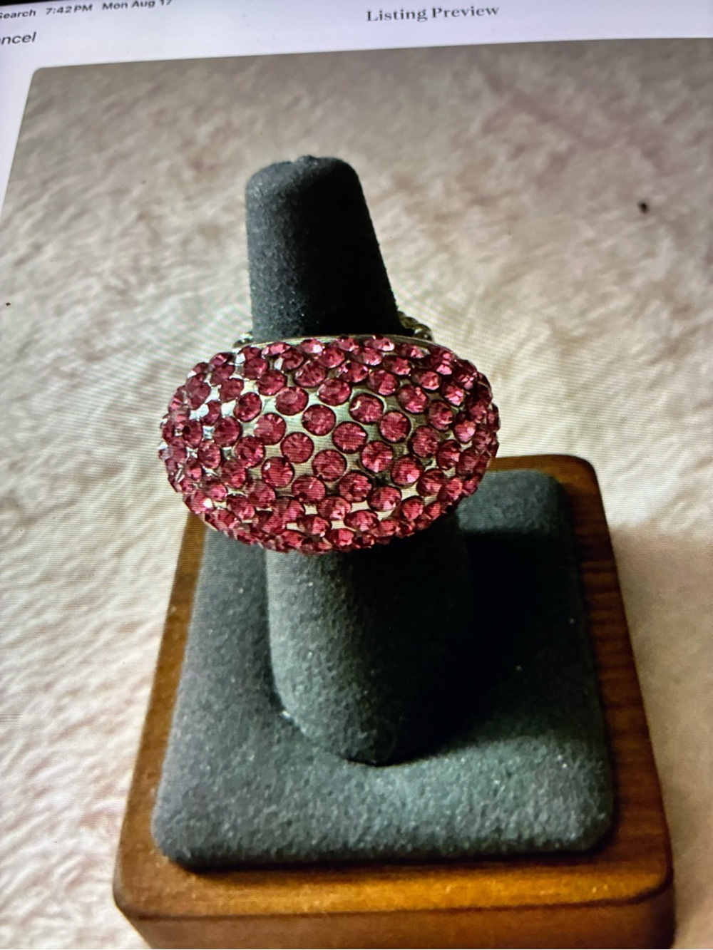 Pink Rhinestone Statement Cocktail Ring Gold Tone Expandable Stretch Band